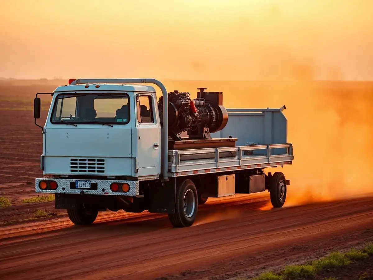 Caminhão plataforma transportando um motor diesel em estrada de terra no oeste da Bahia