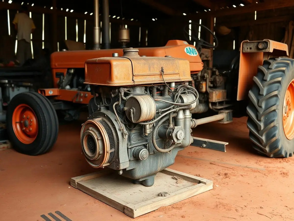 Motor diesel agrícola removido ao lado de um trator na fazenda