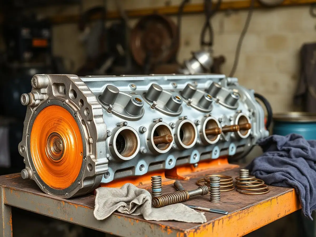 Cabeçote de motor diesel sobre a bancada da oficina