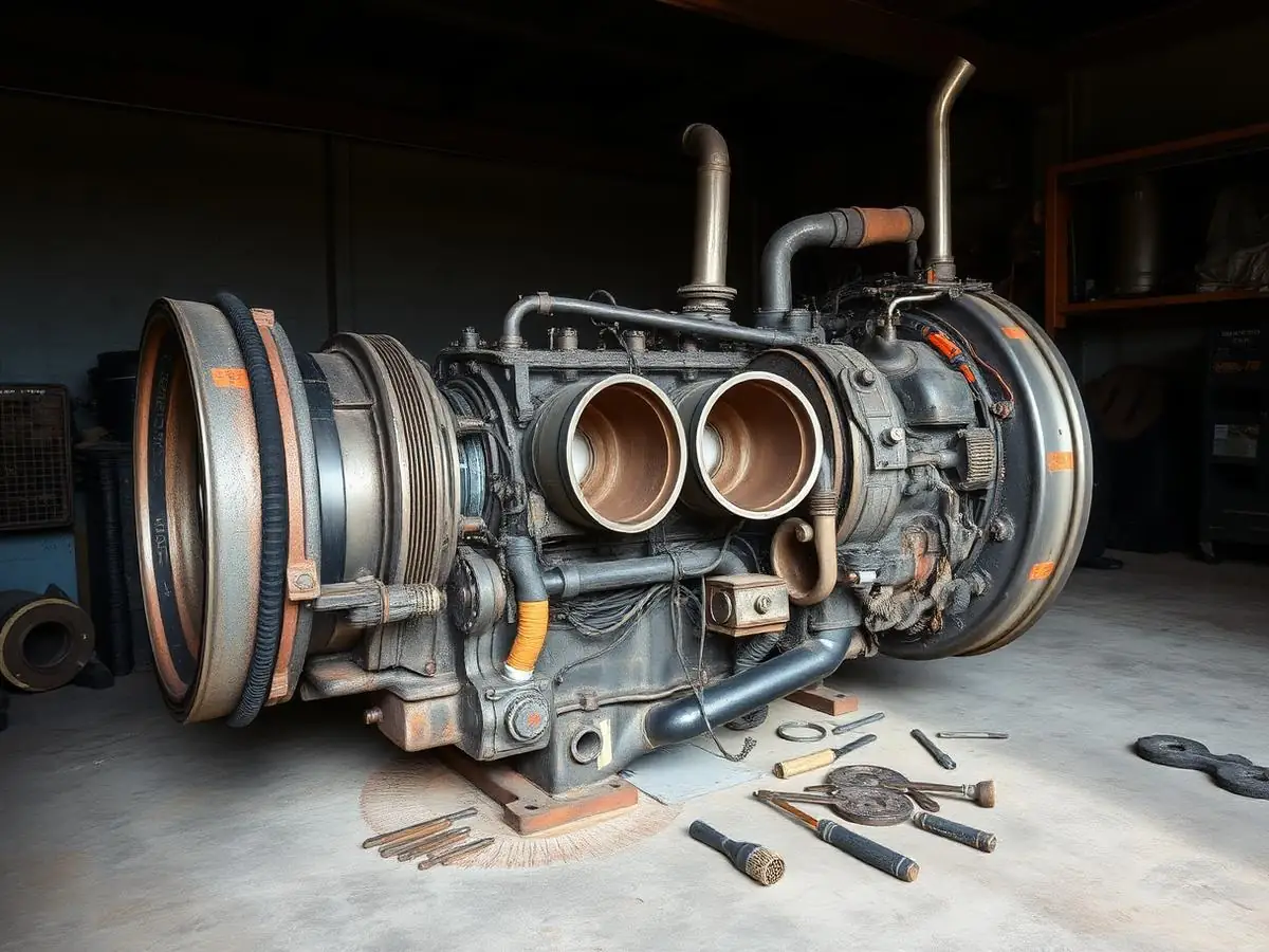Motor diesel pesado parcialmente desmontado na oficina