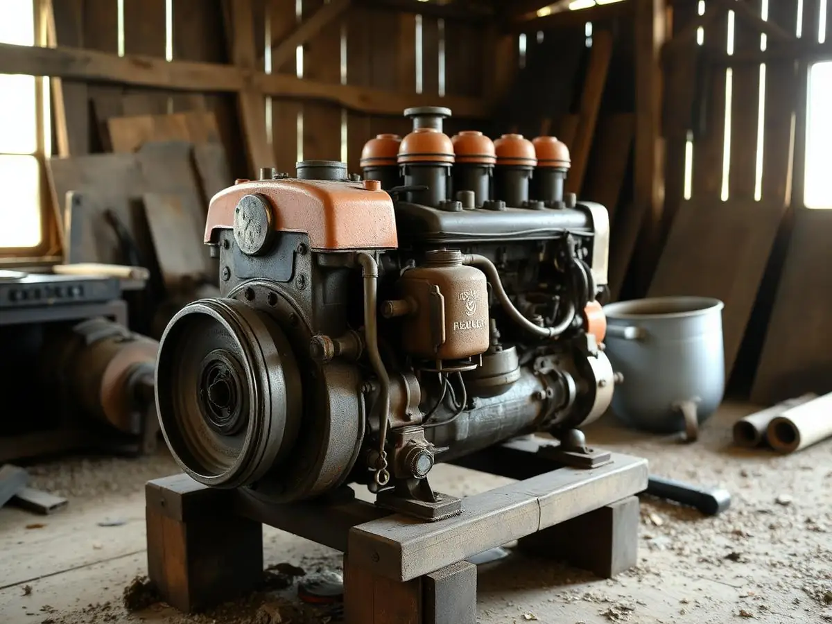 Motor diesel antigo de quatro cilindros desmontado em oficina rural