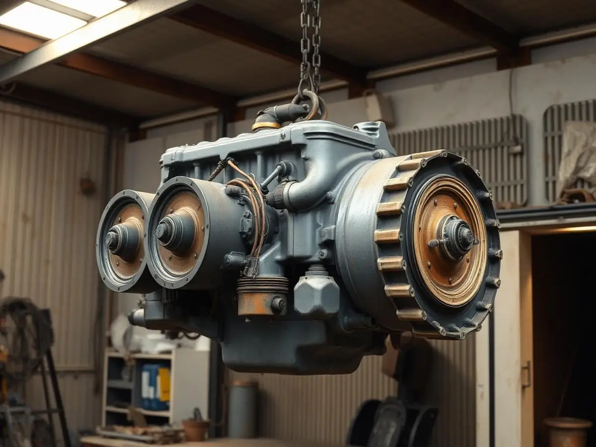 Motor diesel pesado suspenso por talha na oficina