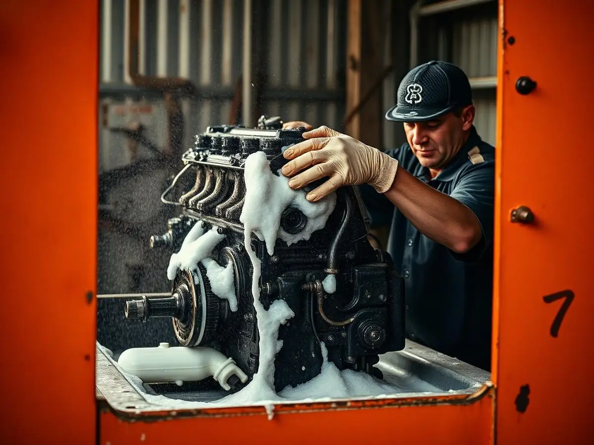 Bloco de motor diesel sendo lavado na máquina de limpeza