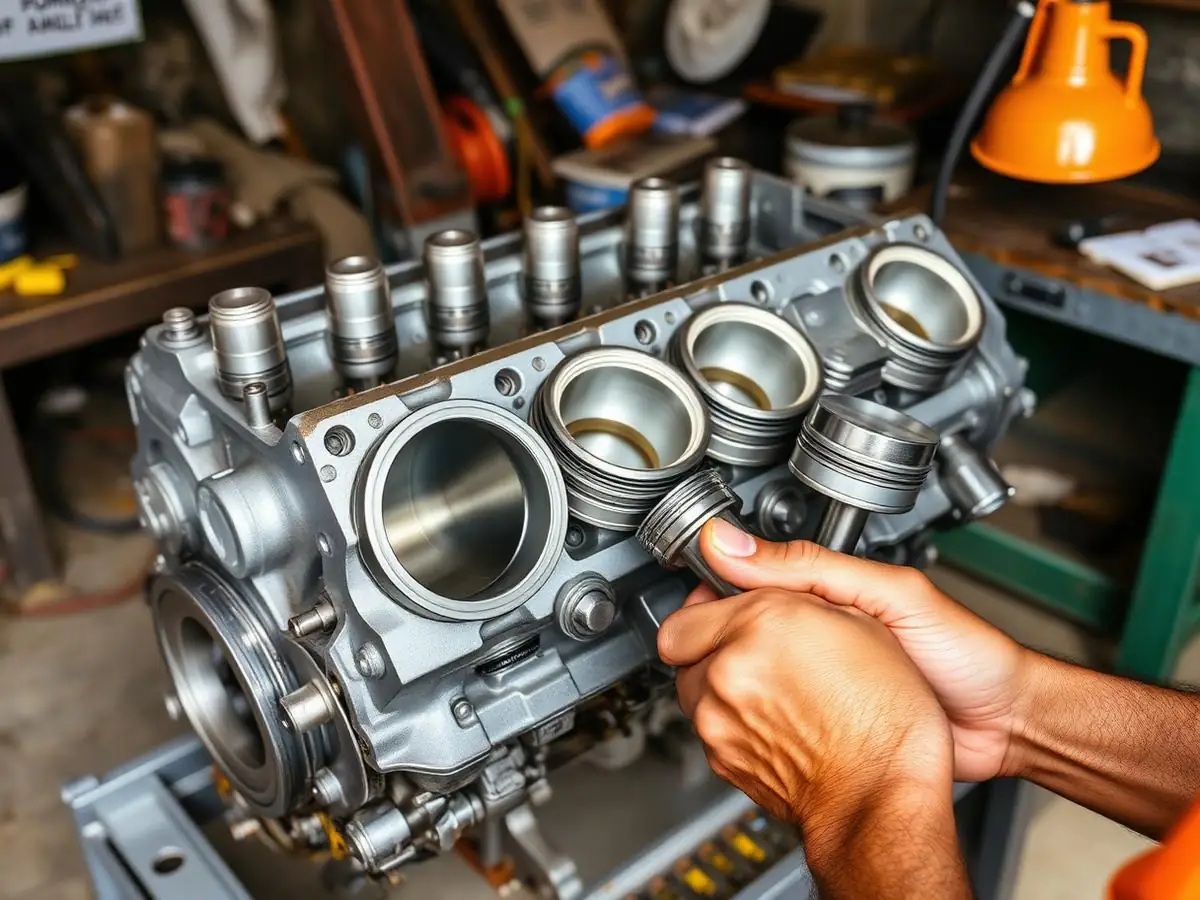 Camisas e pistões sendo montados em bloco de motor diesel