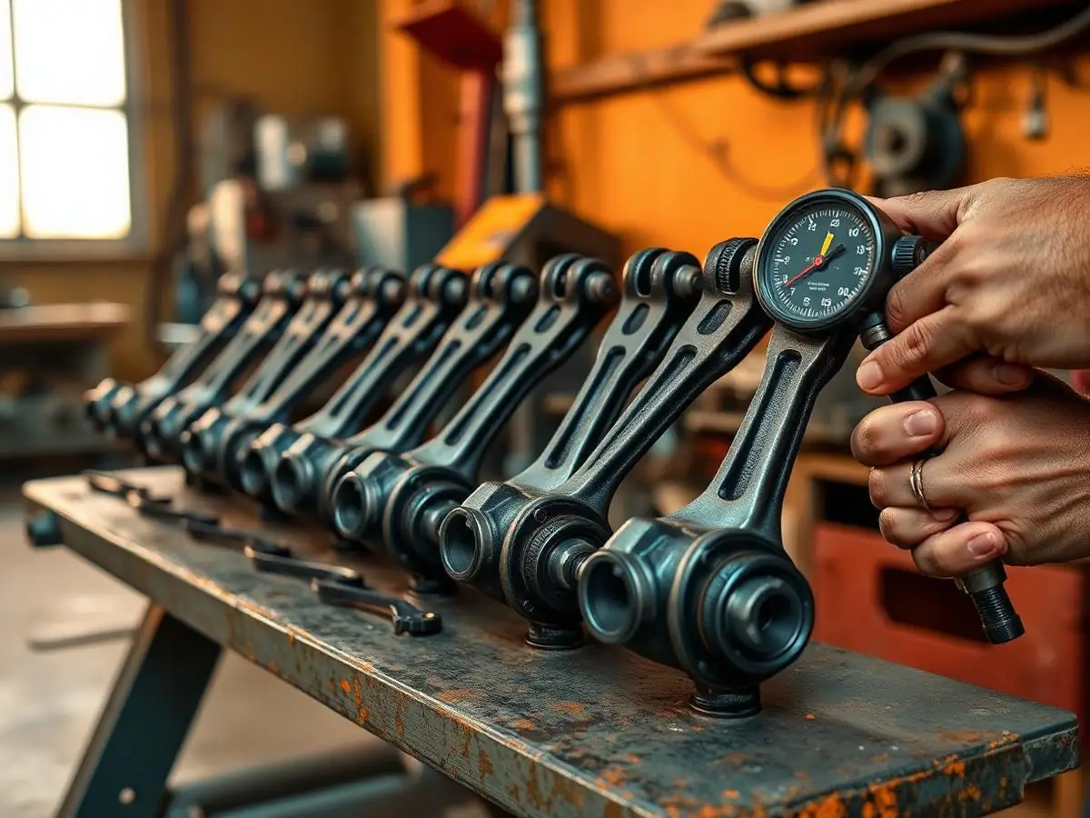 Bielas e pistões de motor diesel sendo inspecionados